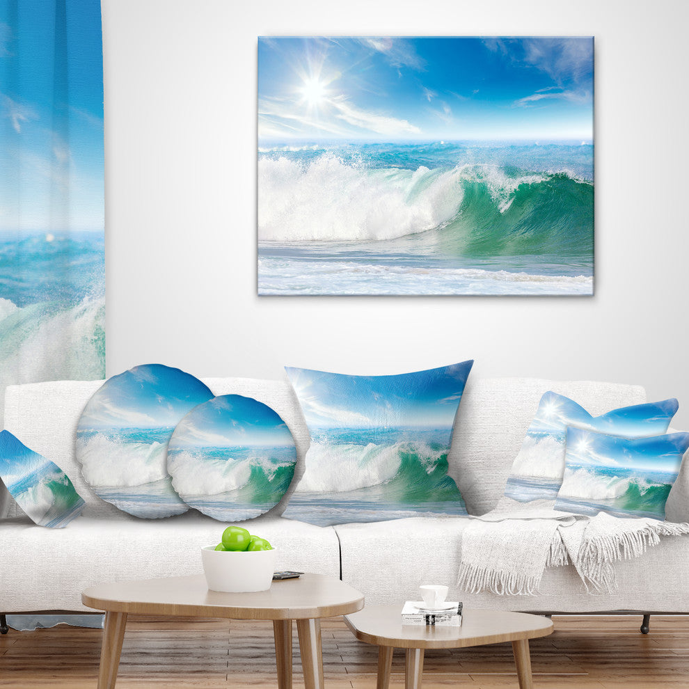 White and Blue Waves under Sun Seascape Throw Pillow, 16"x16"