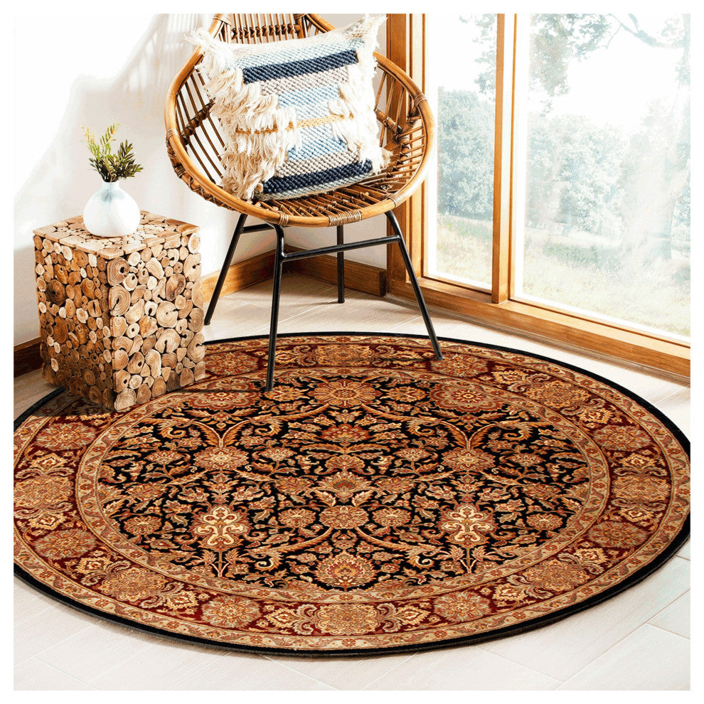 Agra Piaf Traditional Floral Black Hand Knotted Wool Rug 8' Round