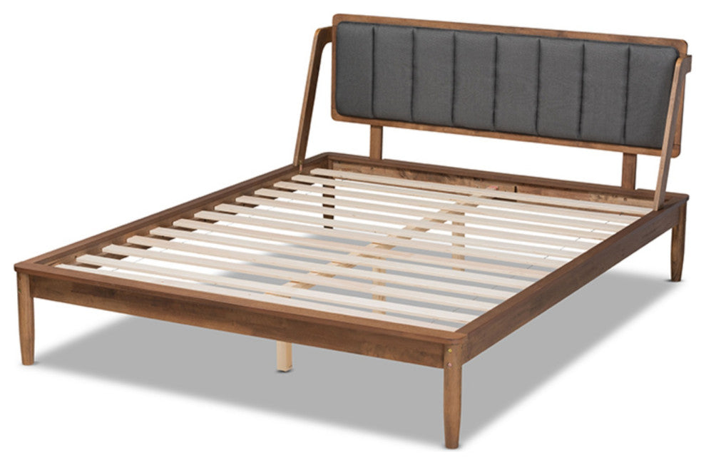 Helsa Dark Gray Fabric Upholstered And Walnut Finished Queen Size Platform Bed