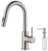 Luxe Single Handle Pull Down Kitchen & Bar Faucet, Brush Nickel W/ Soap Dispenser