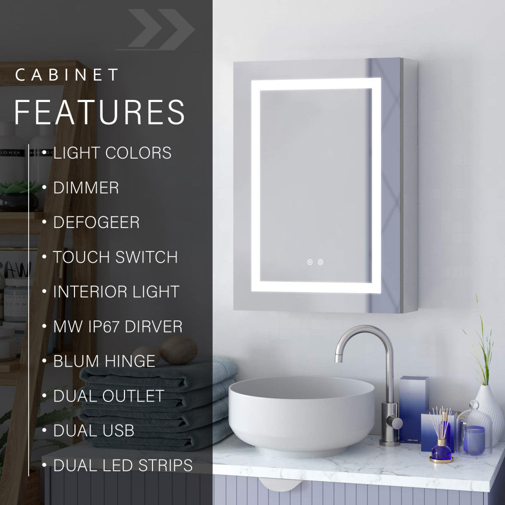 Recessed/Surface Mount LED Medicine Cabinet Mirror with Defogger, 24"x30" Left Hinge