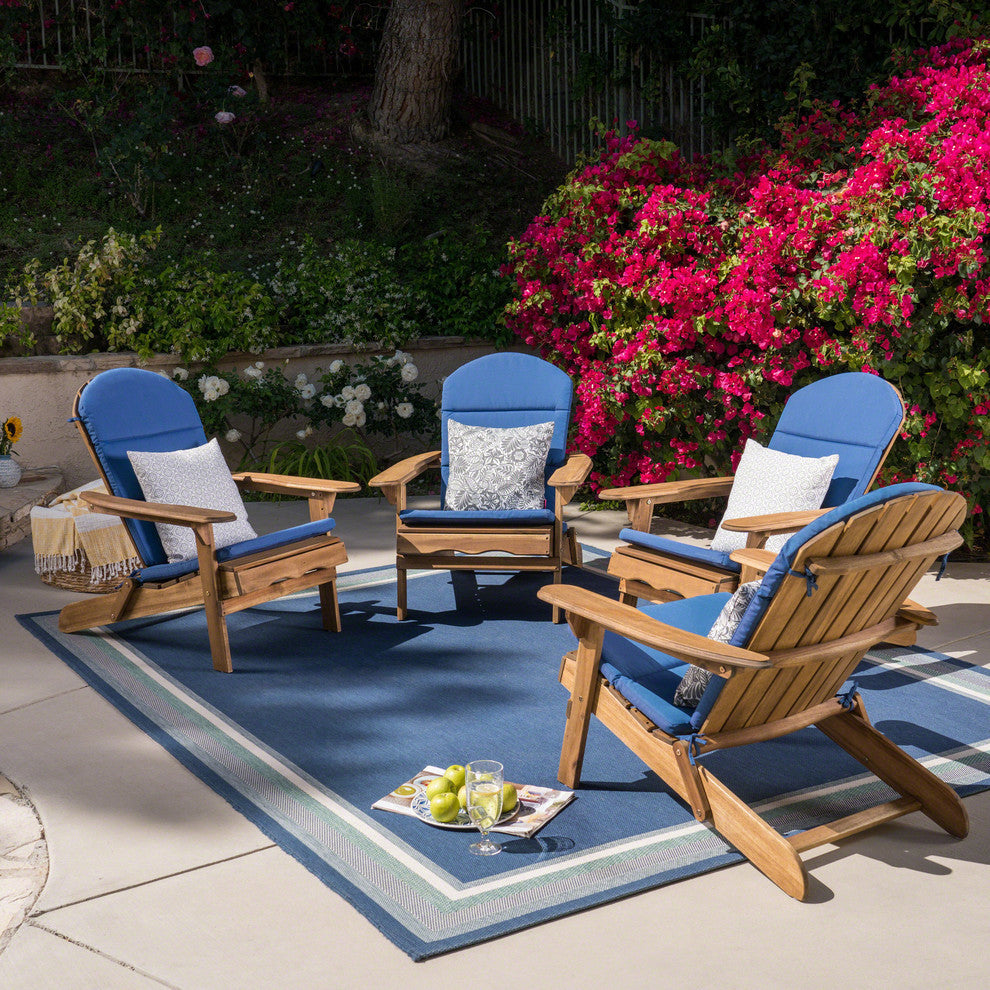 Malibu Outdoor Acacia Folding Adirondack Chairs and Cushion, Set of 4, Navy Blue