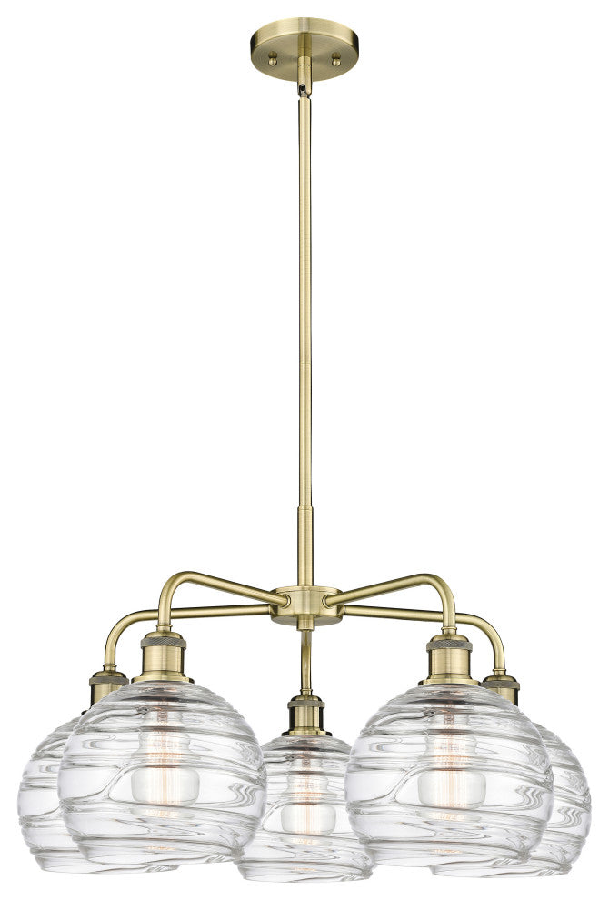 Athens Deco Swirl 5-Light 26" Stem Chandelier, Antique Brass, Clear