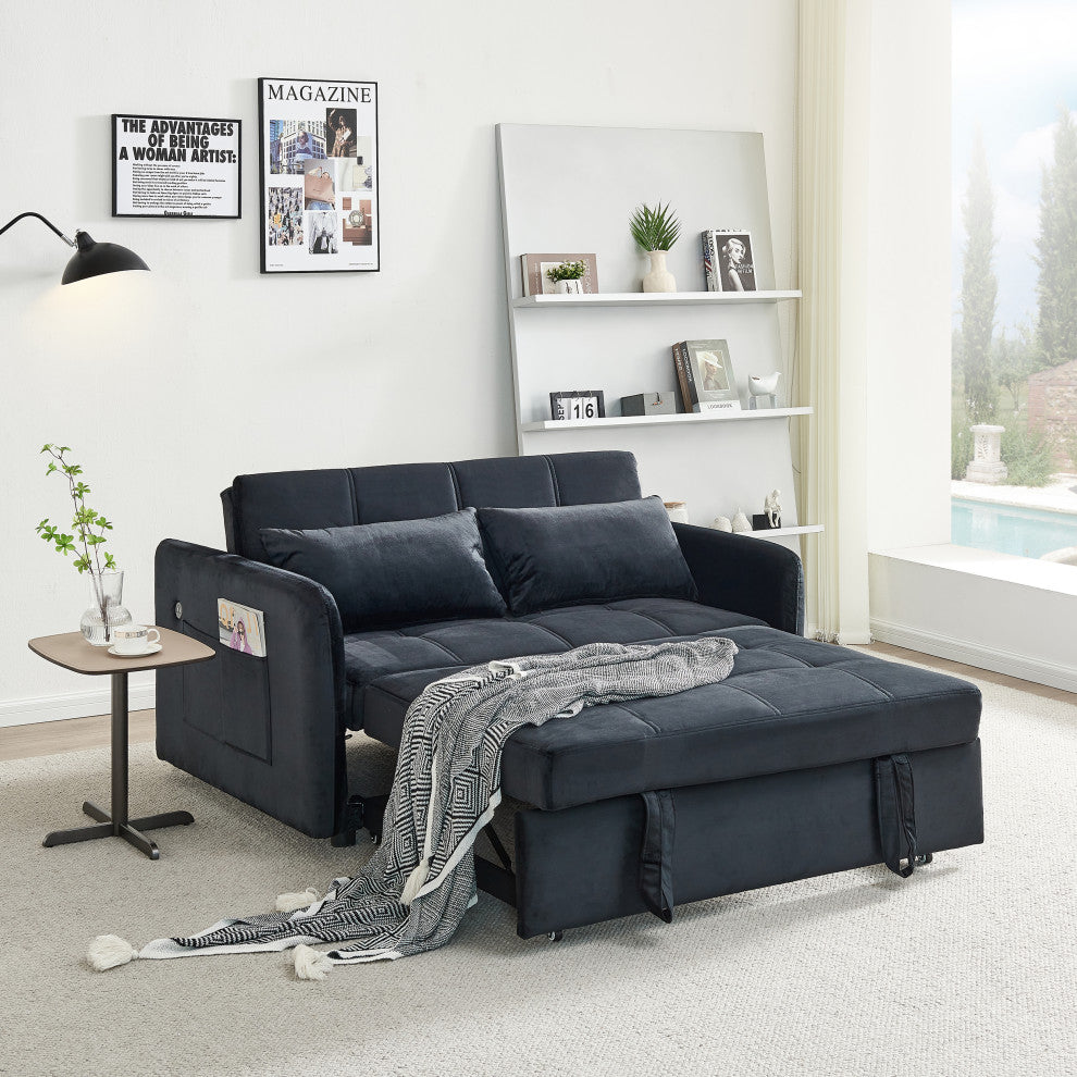 TATEUS 55.5" Twins Pull Out Sofa Bed Velvet  for Small Room Black