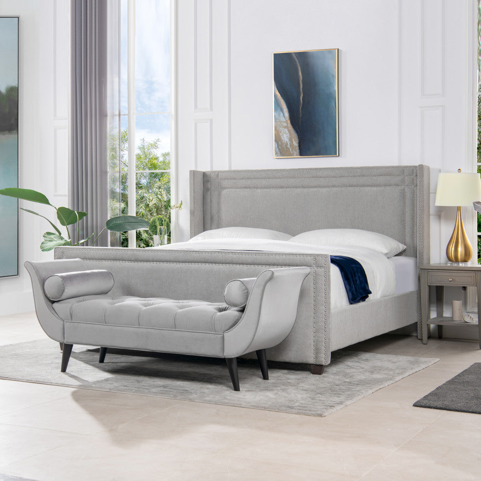 Elle Wingback Upholstered Panel Bed, Silver Gray Polyester, King