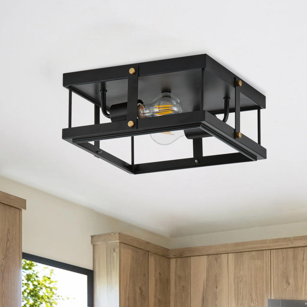 Industrial Black 2-Light Rectangle Iron Frame Flush Mount Ceiling Light