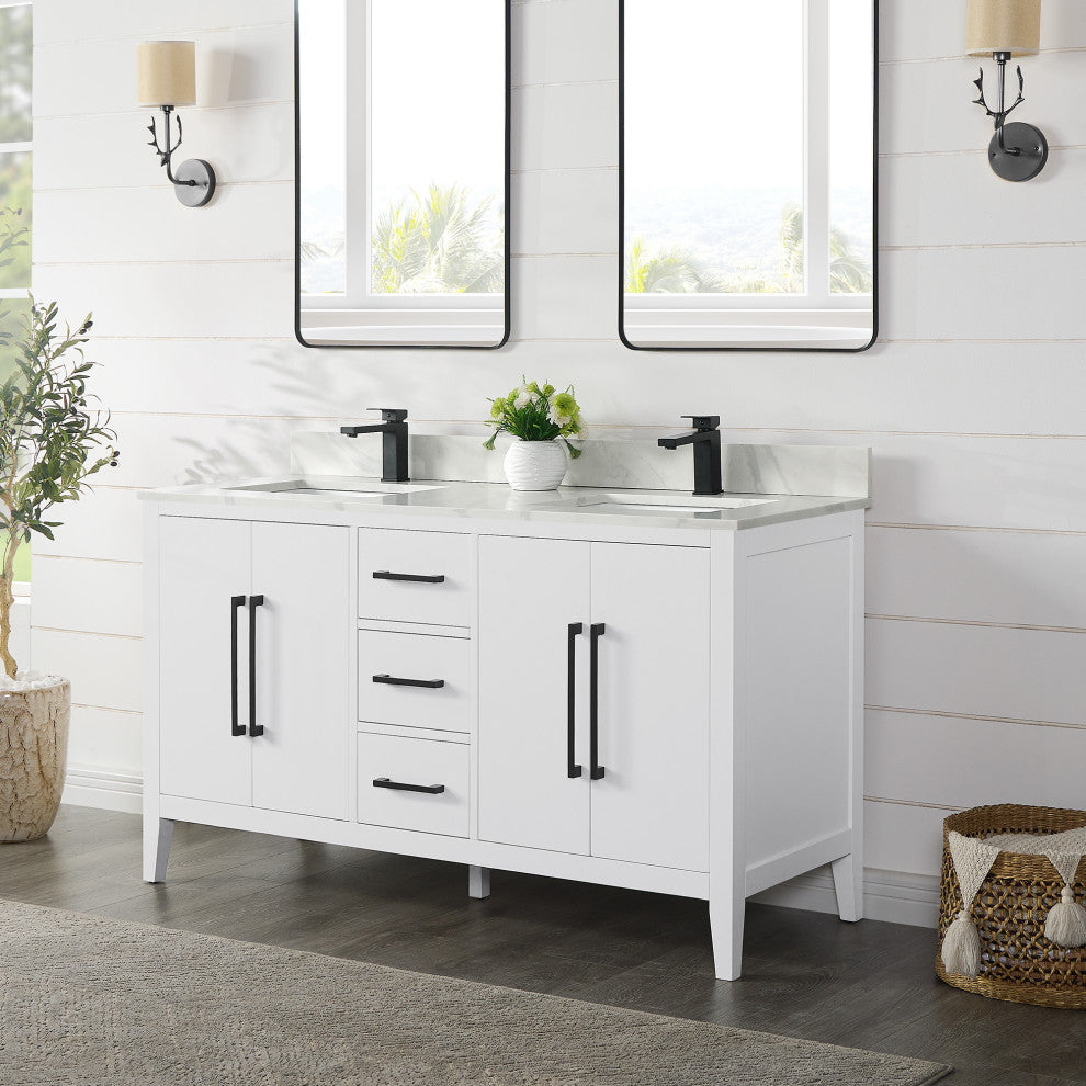Laurel Bathroom Vanity with Calacatta White Quartz Stone Countertop, White, 60", Without Mirror