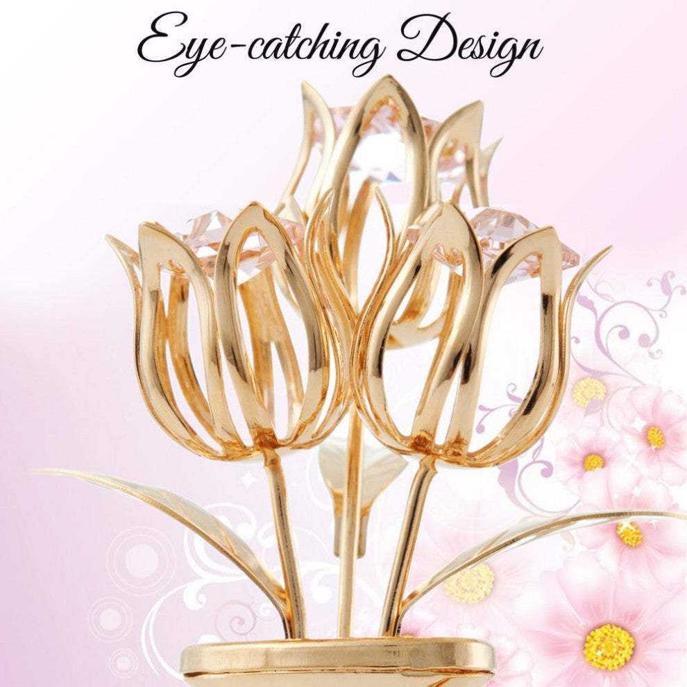 24K Gold Plated Crystal Studded Flower With Hummingbird Ornament, Pink Crystals