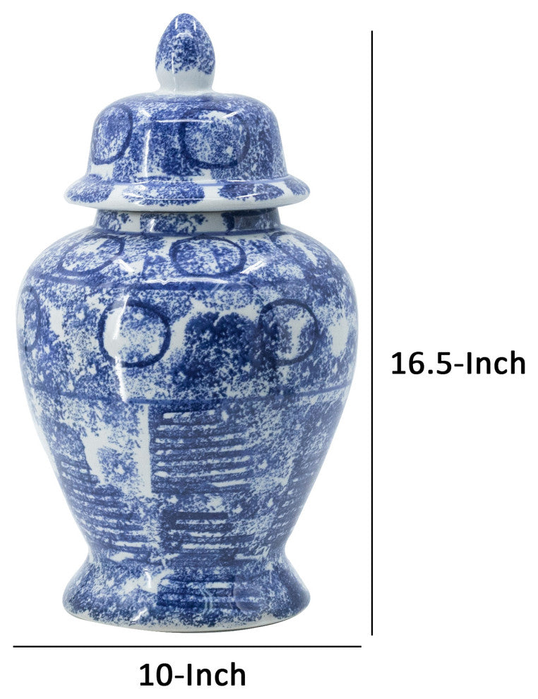 Benzara BM285525 17" Tall Ginger Jar, Abstract Blue & White Porcelain