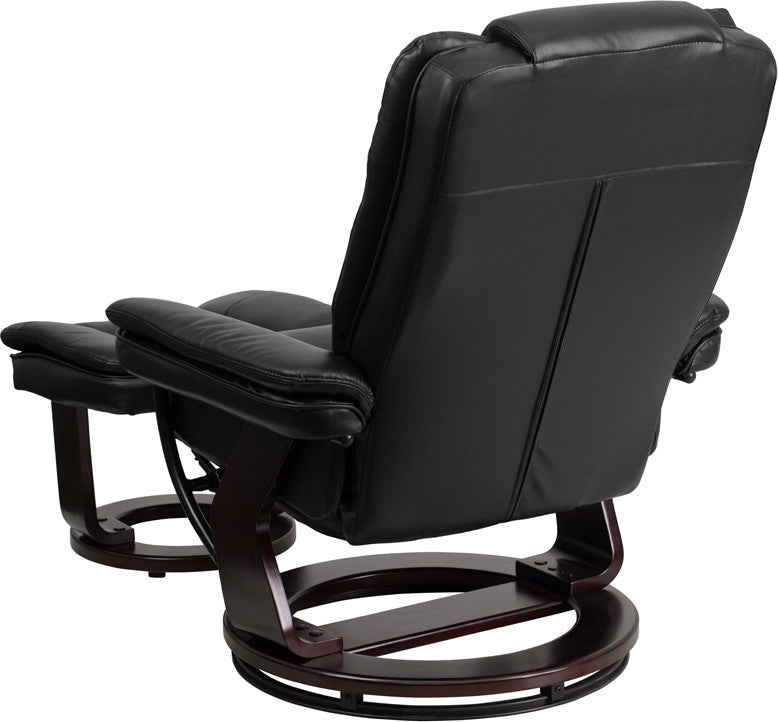 Leather Recliner and Ottoman, Mahogany Wood Base, Black Leather
