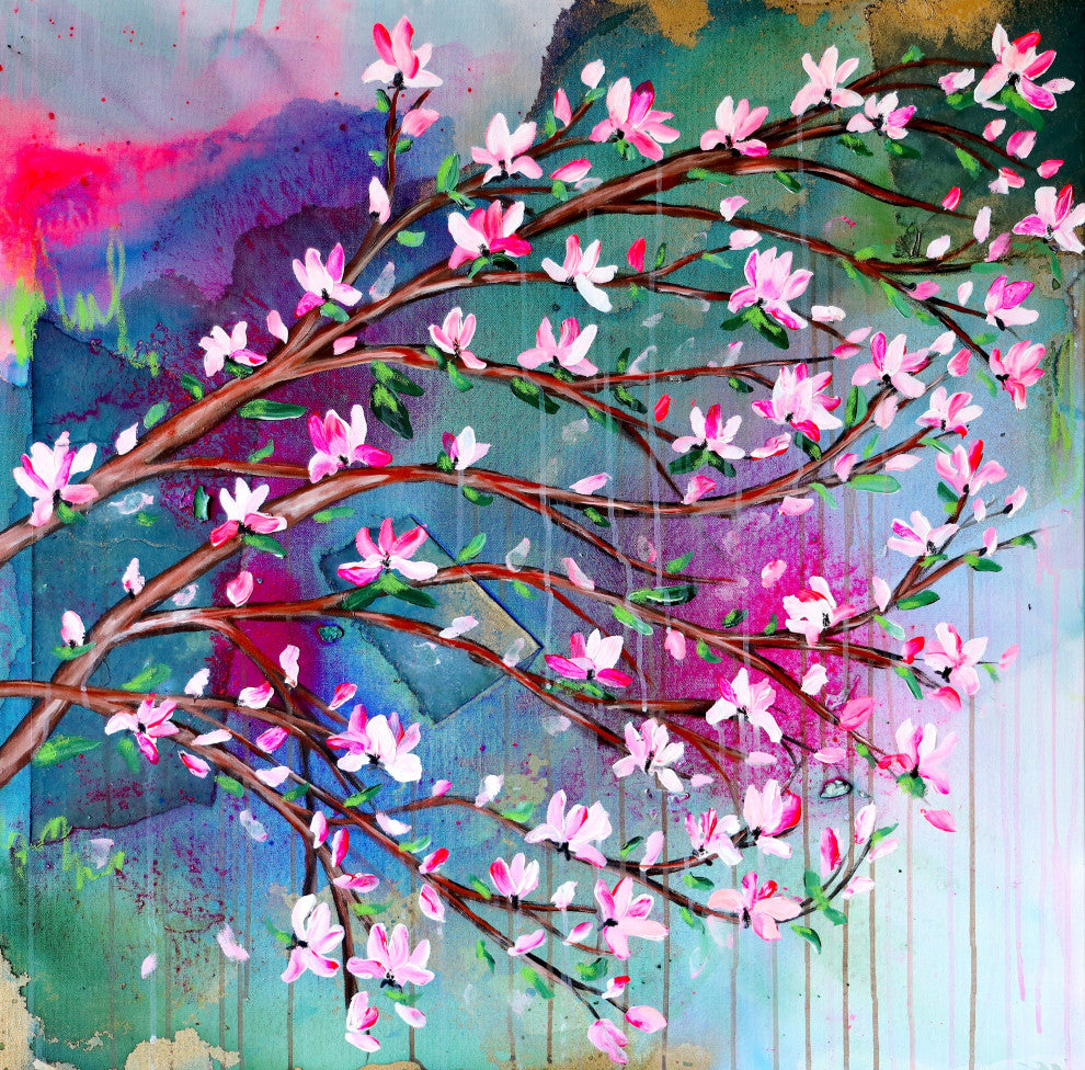 Cherry blossom, Abstract tree art, japanese magnolia painting, blossom tree art