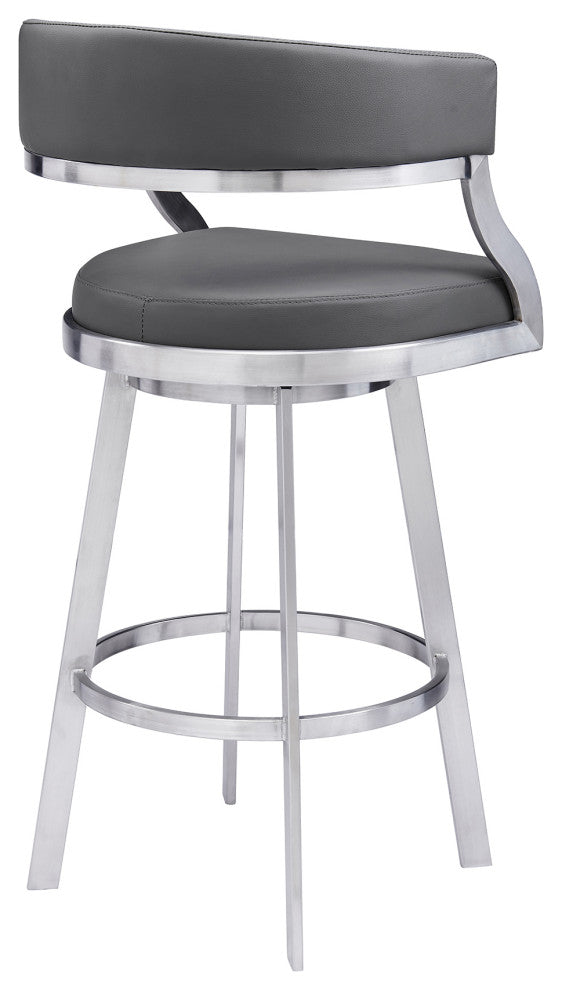 Saturn Swivel Metal and Faux Leather Bar Stool, Gray, 26" Counter Height