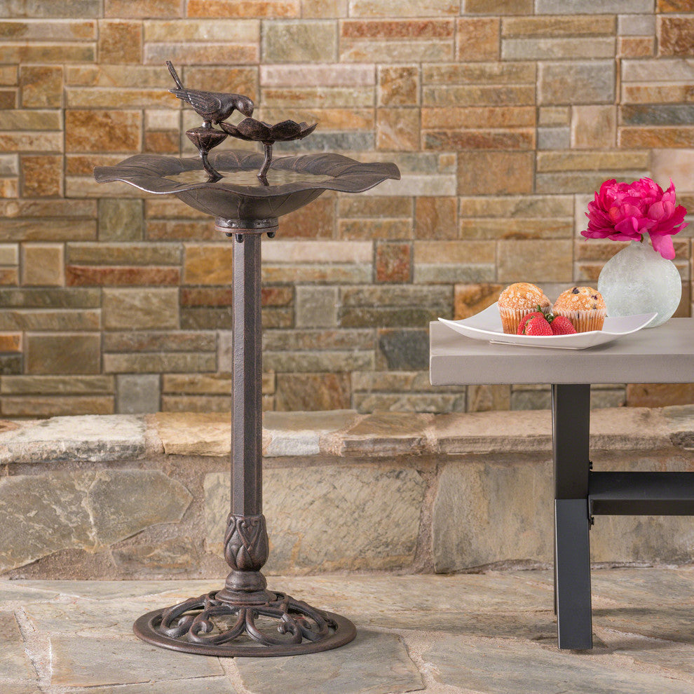 GDF Studio Lancaster Outdoor Bronze Aluminum Top Bird Bath With Iron Base