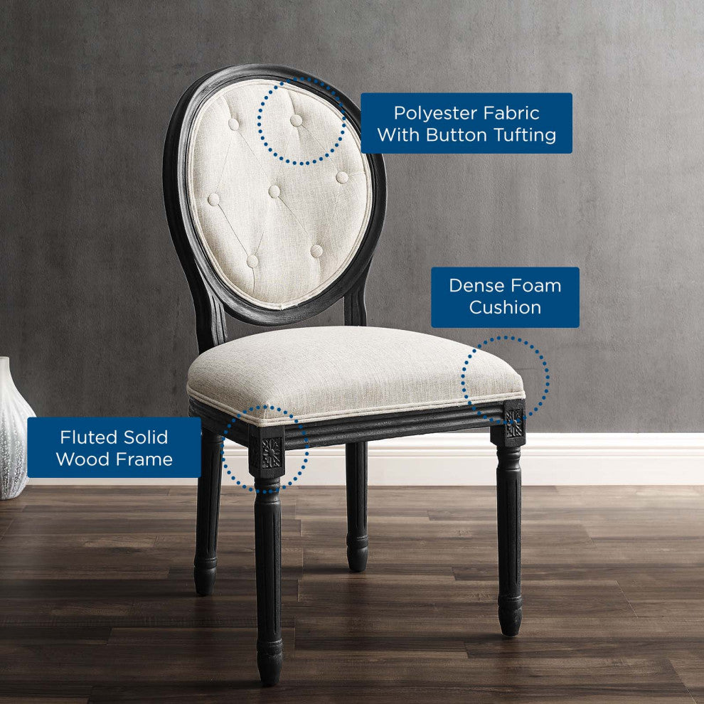 French Vintage Side Dining Chair, Fabric, Wood, Black Beige, Modern, Cafe Bistro