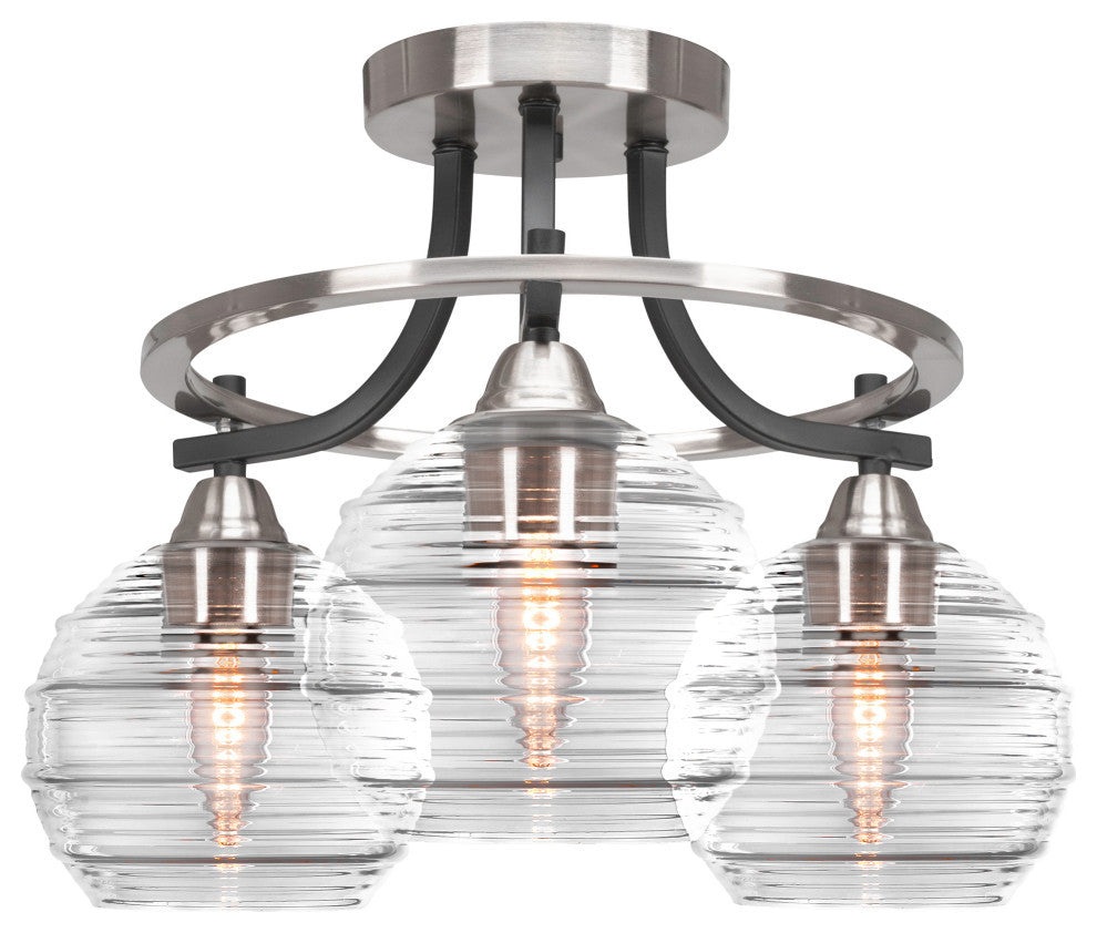 Paramount 3-Light Semi-Flush, Matte Black & Brushed Nickel, 6" Clear Ribbed