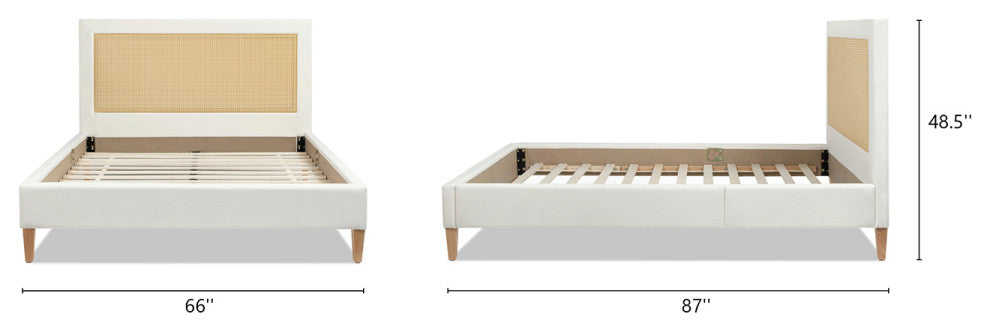 Haley Upholstered Cane-Back Platform Bed, Snow White Polyester, Queen