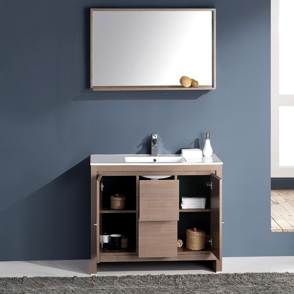 Fresca Allier 40" Modern Bathroom Vanity With Mirror, Gray Oak, Faucet-Fft1041bn