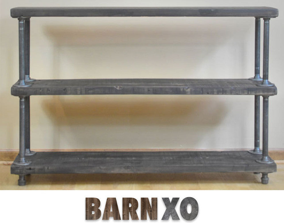 Reclaimed Wood 3 Tier Shelf Unit, Industrial Pipe Legs, 12x48x35, Dark Walnut