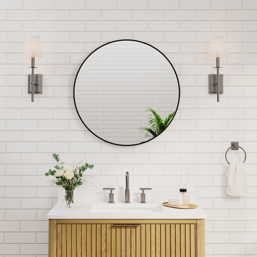 Bella Round Anodized Aluminum Wall Vanity Mirror, 28"x28", Matte Black
