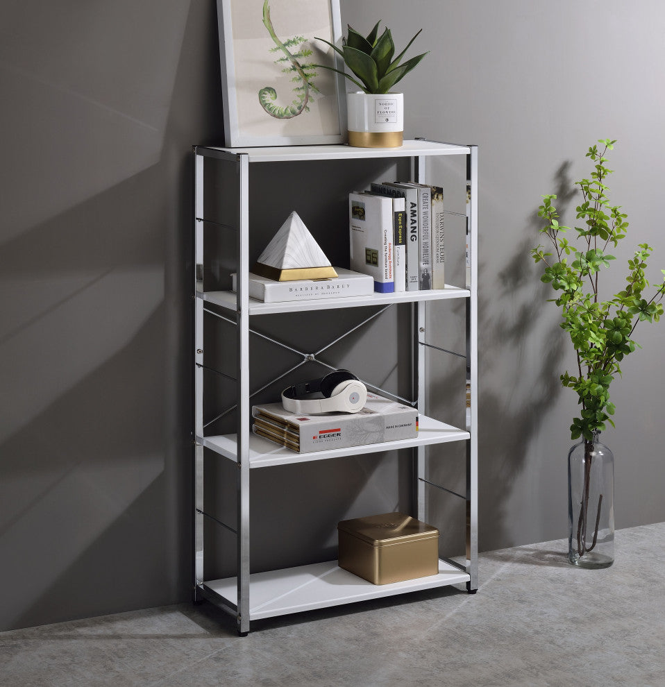 Acme Tennos Bookshelf White and Chrome Finish