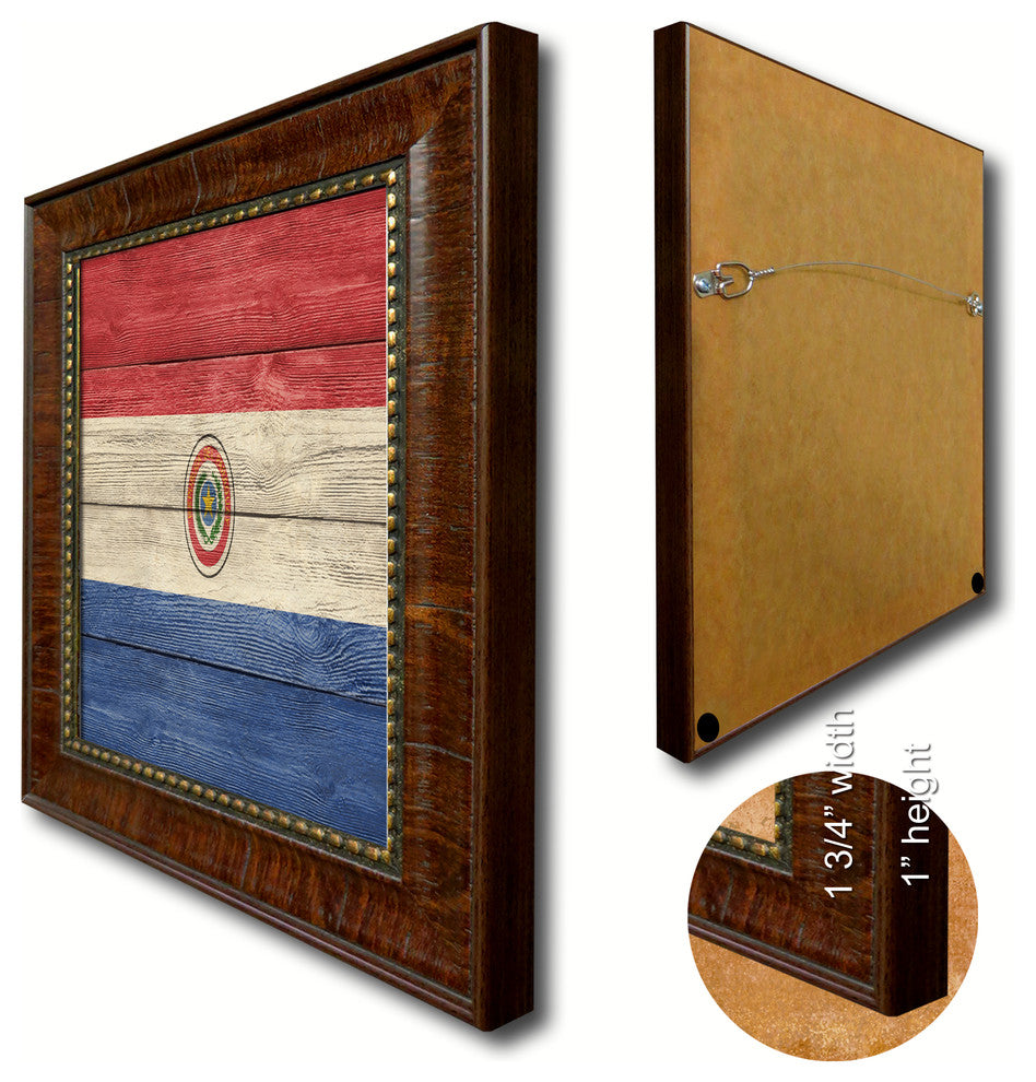 Paraguay Country Textured Flag Print With Brown Gold Frame, 19"X27"