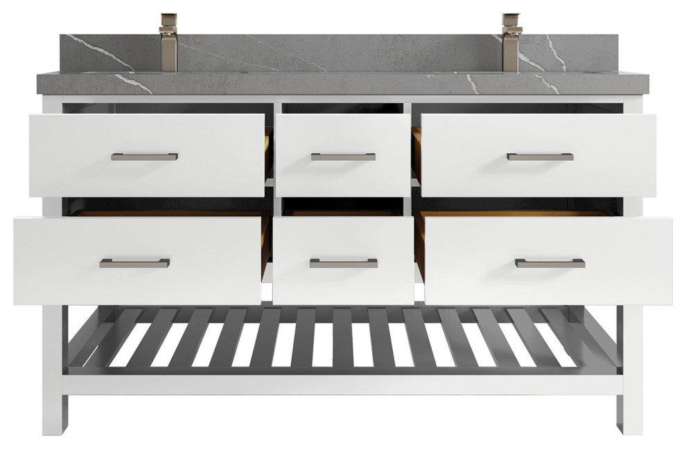 Parker 60 Double Sink Bathroom Vanity in White 2" Piatra Gray