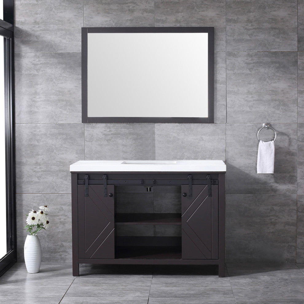 Marsyas 48" Brown Single Vanity Cabinet Quartz Top Square Sink, 44" Wall Mirror