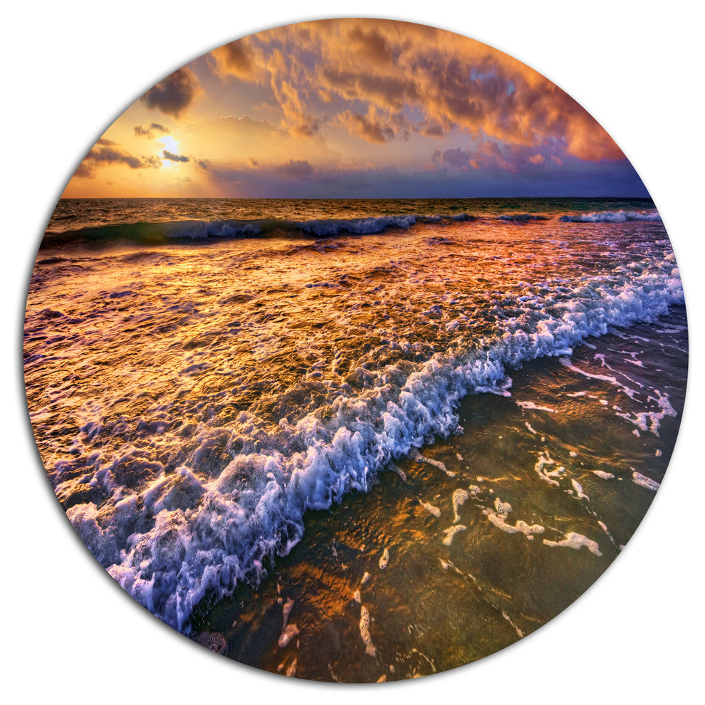 Beautiful Sunset With White Waters, Seashore Art Round Wall Art, 11"