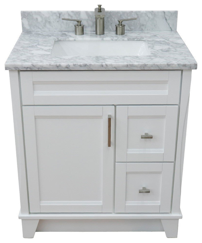 31" Single Sink Vanity, White Finish With White Carrara Marble