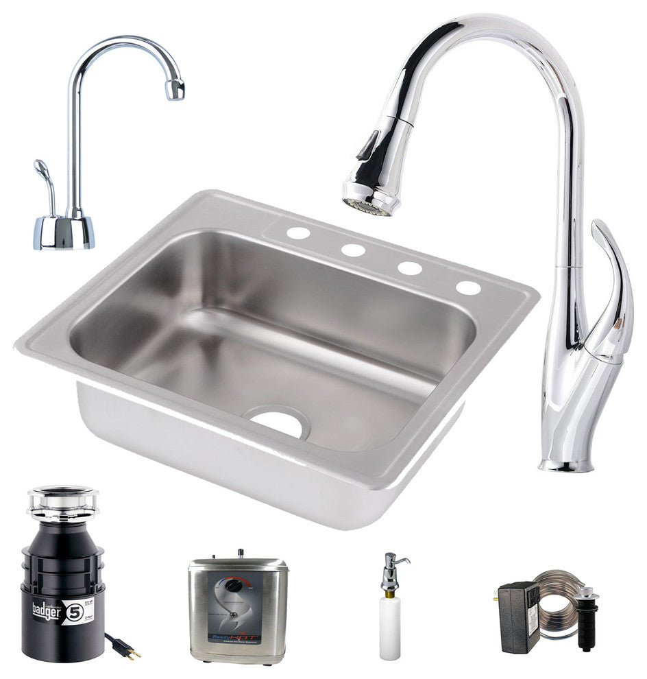 All-in-One 25" Stainless Steel Kitchen Sink and Faucet Set, Polished Chrome