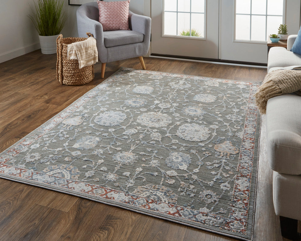 Weave & Wander Sybil Transitional Oriental Style Rug, Charcoal Gray/Red, 9' X 12