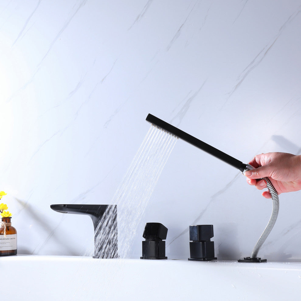 Deck Mount Roman Dual Handles Tub Faucet with Hand Shower, Matte Black