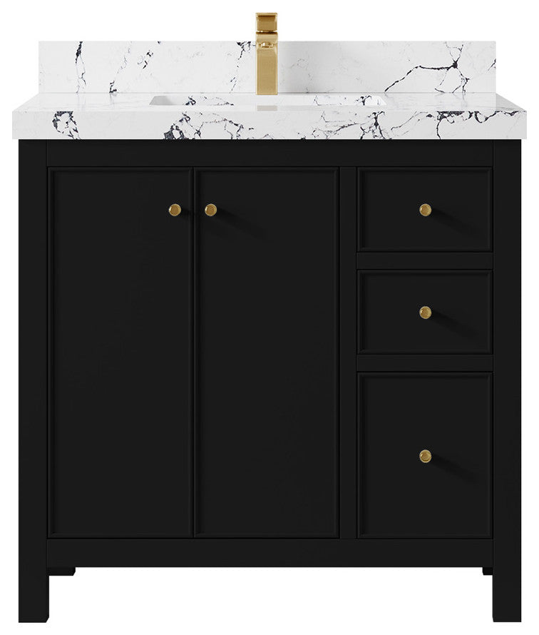 Chicago 36" Center Sink Bathroom Vanity, Black 2" Viola Night