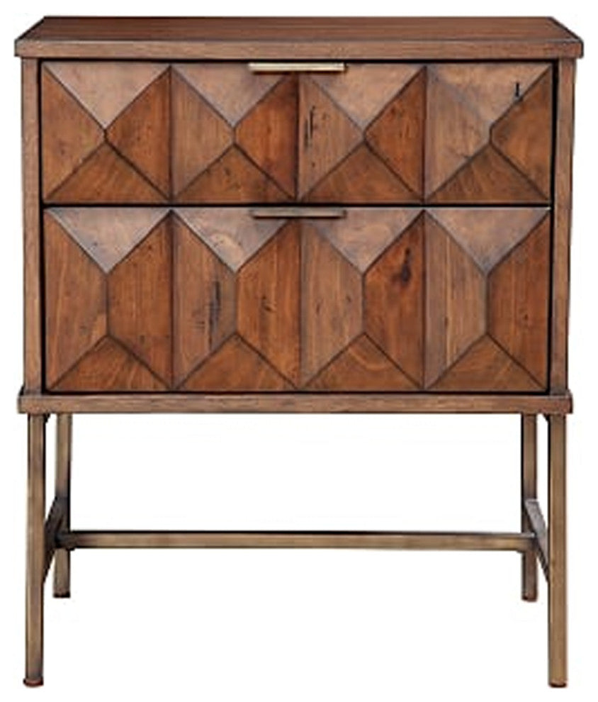 Benzara BM206680 2 Drawer Nightstand With Honeycomb Design and Metal Legs, Brown