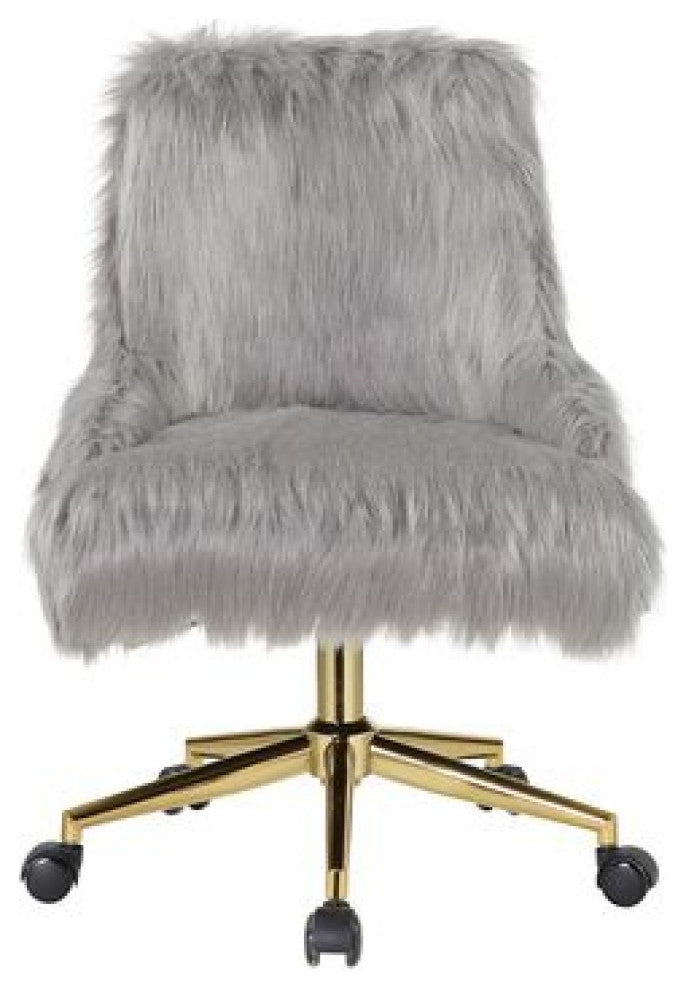 Benzara BM269064 Swivel Office Chair With Faux Fur Fabric, Gray and Gold