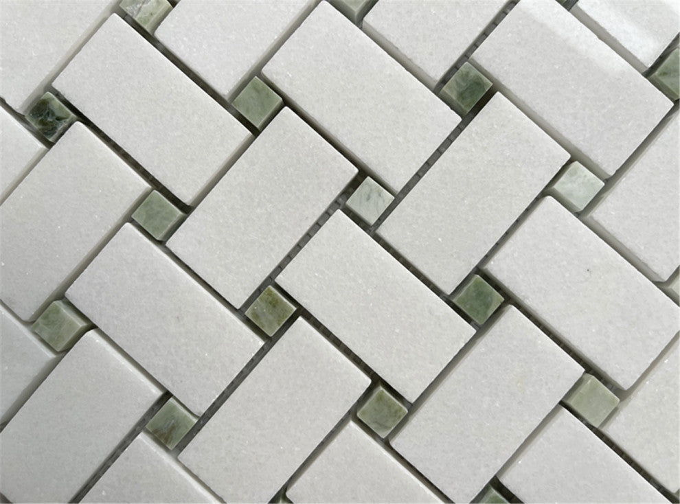 Thassos White Marble 1x2 Basketweave Mosaic Tile / Green Dots Polished, 1 sheet