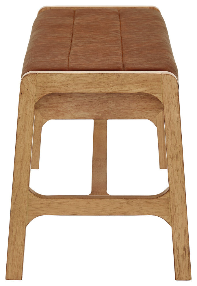 Roros Modern Scandinavian Light Oak Finish Caramel Faux Leather Cushion Bench