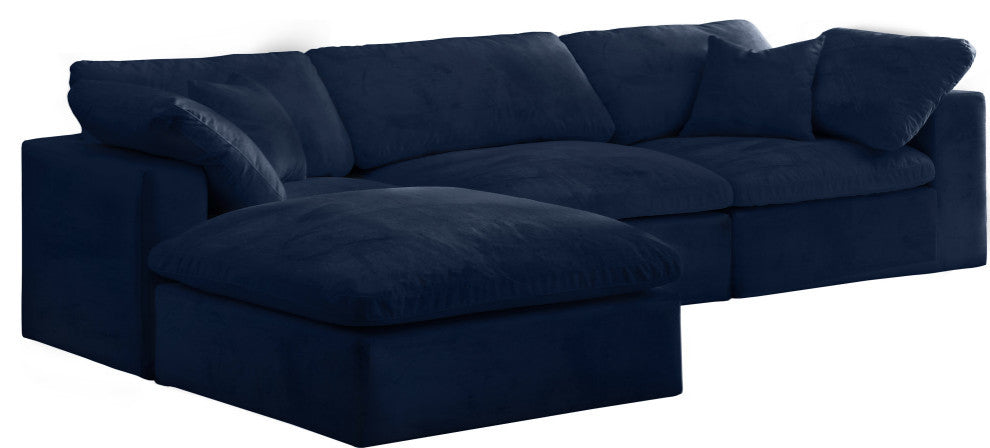 Cozy Velvet Upholstered Comfort L-Shaped Modular Sectional, Navy, 4-Piece: 1 Armless Chair, 2 Corner Chair, 1 Ottoman