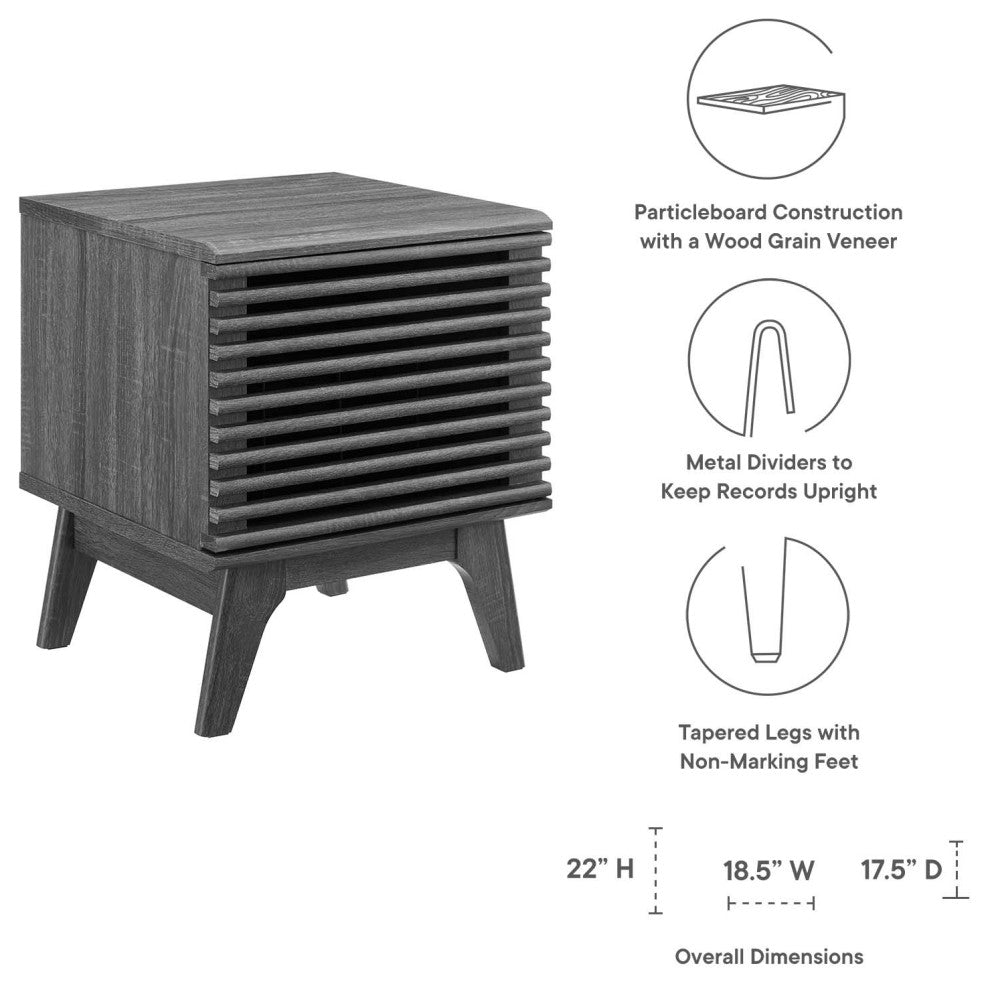 Vinyl Record Side Table Cabinet Stand, Charcoal Gray, Wood, Mid Century