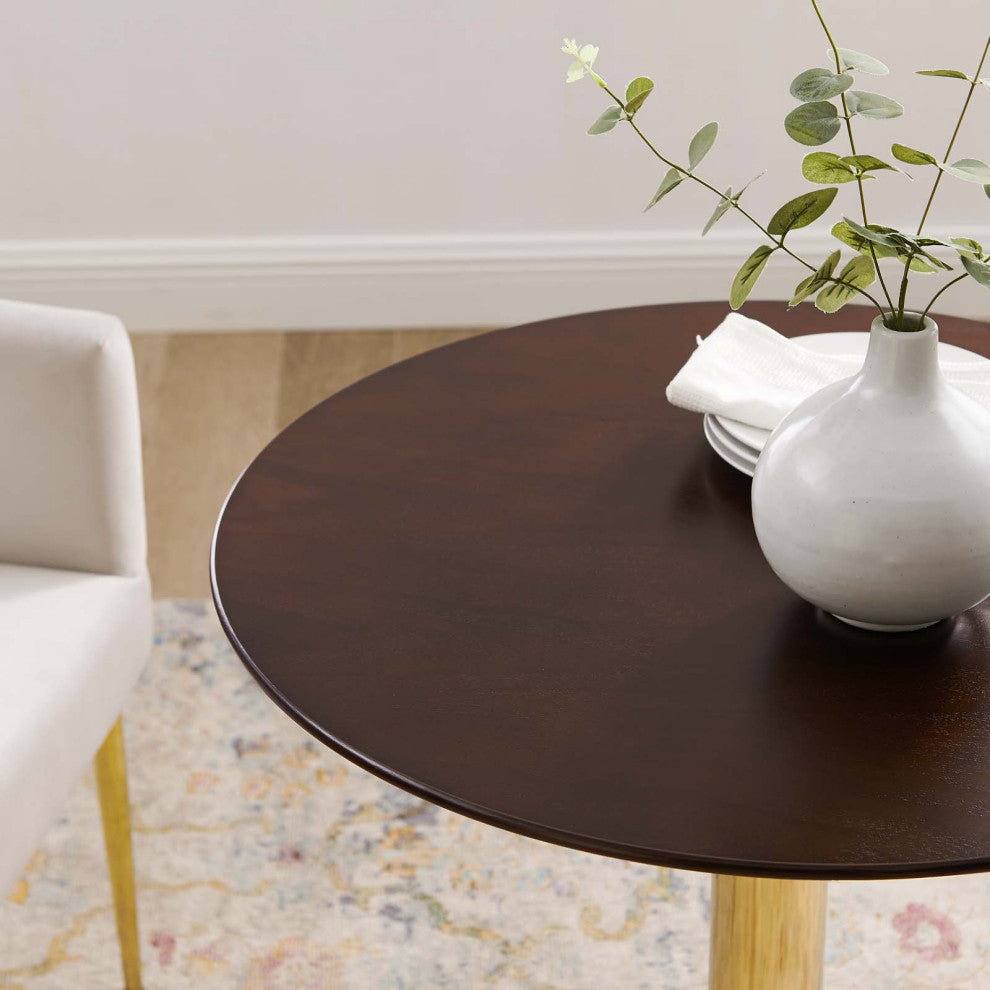 28" Dining Table, Round, Gold Walnut, Metal, Modern Cafe Bistro Hospitality