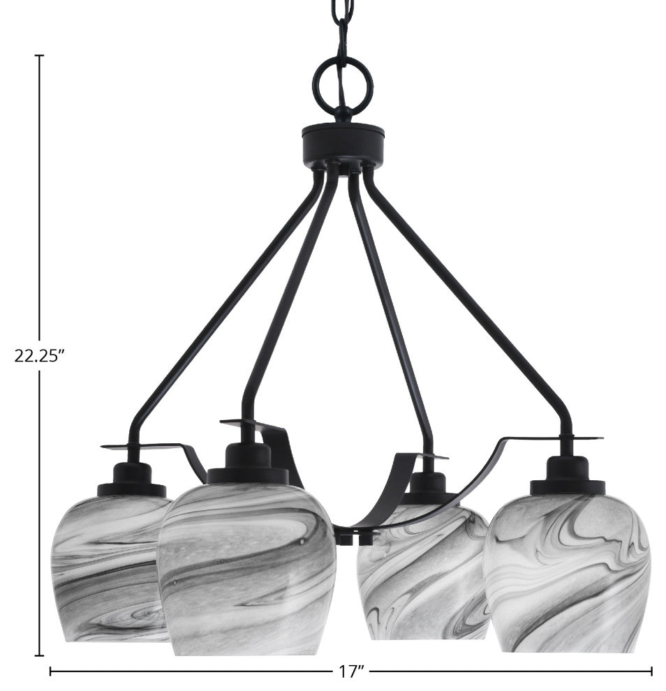 Odyssey 4 Light, Chandelier In Matte Black Finish With 6" Onyx Swirl Glass