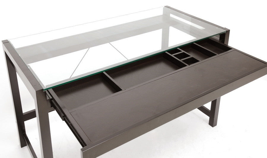 Idabel Dark Brown Wood Modern Desk With Glass Top