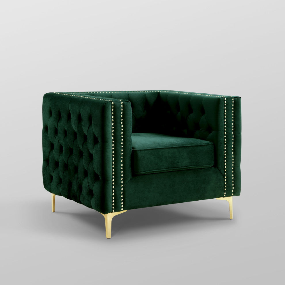 Jeannie Velvet 3-Seat Sofa Button Tufted With Metal Legs, Hunter Green