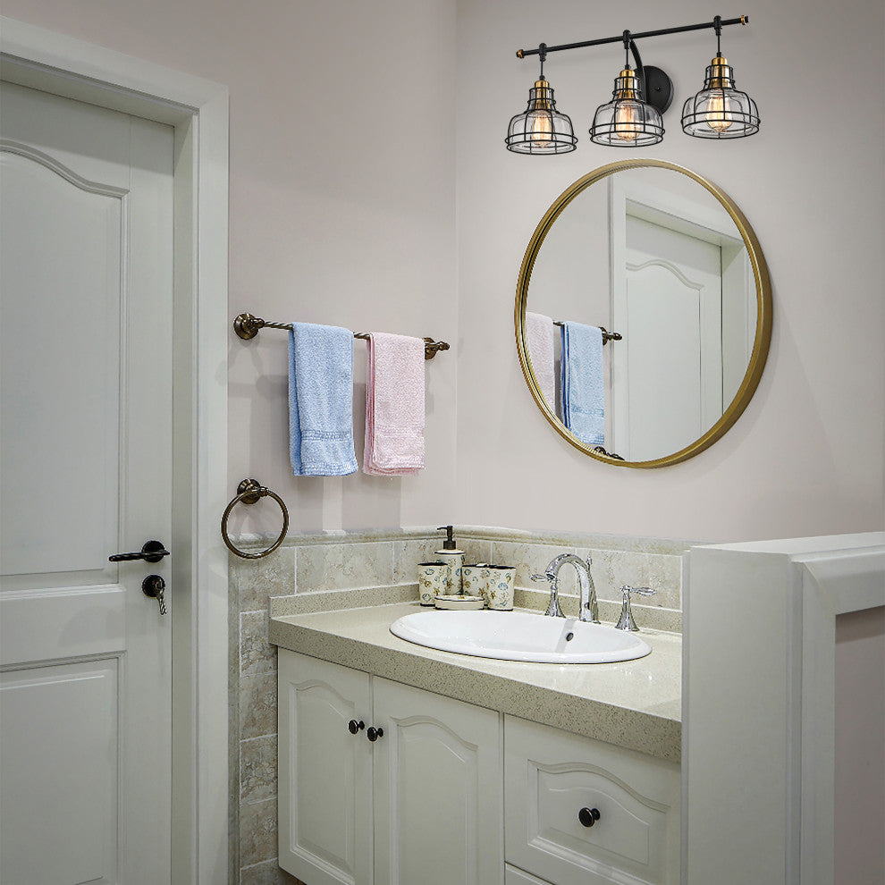 3-Light Black and Antique Gold Vanity With Clear Glass Shades
