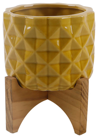 5" Gl Mustard Ceramic Dimple On Wood Stand