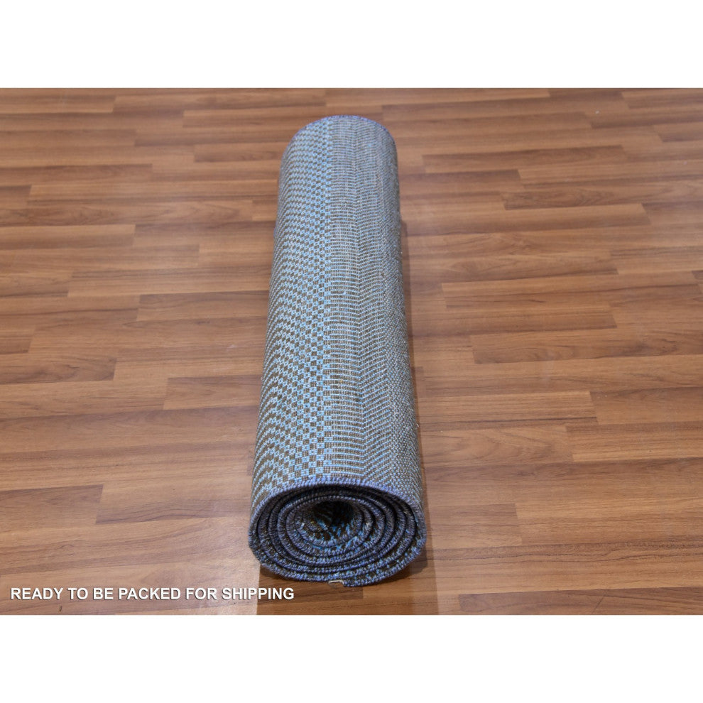 Ruddy Blue Hand Knotted Grass Design Dyed Wool and Silk Runner Rug, 2'7"x9'6"