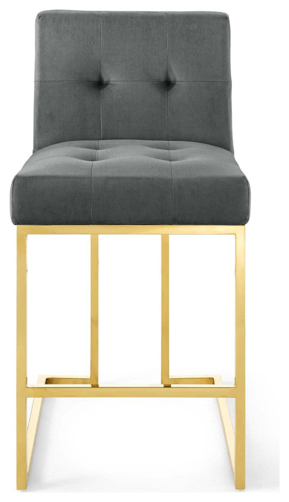 Counter Stool Chair, Velvet, Metal, Gold Gray, Modern, Bar Pub Cafe Bistro