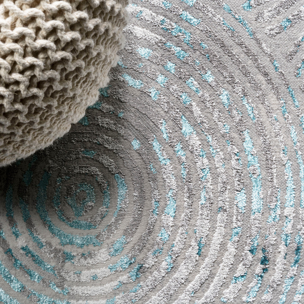 Timeworn Modern Abstract Area Rug, Gray/Turquoise, 2'x8'