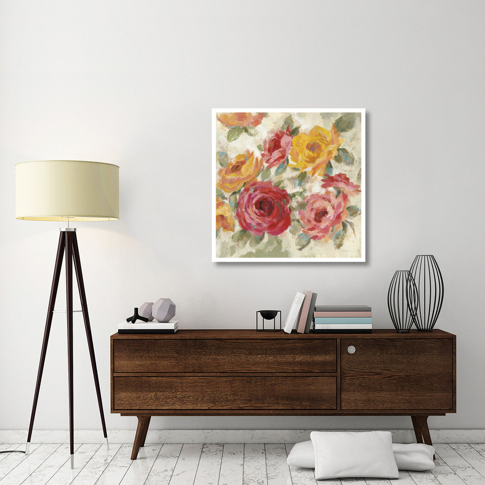 "Brushy Roses Crop with Teal" Digital Paper Print by Silvia Vassileva, 38"x38"