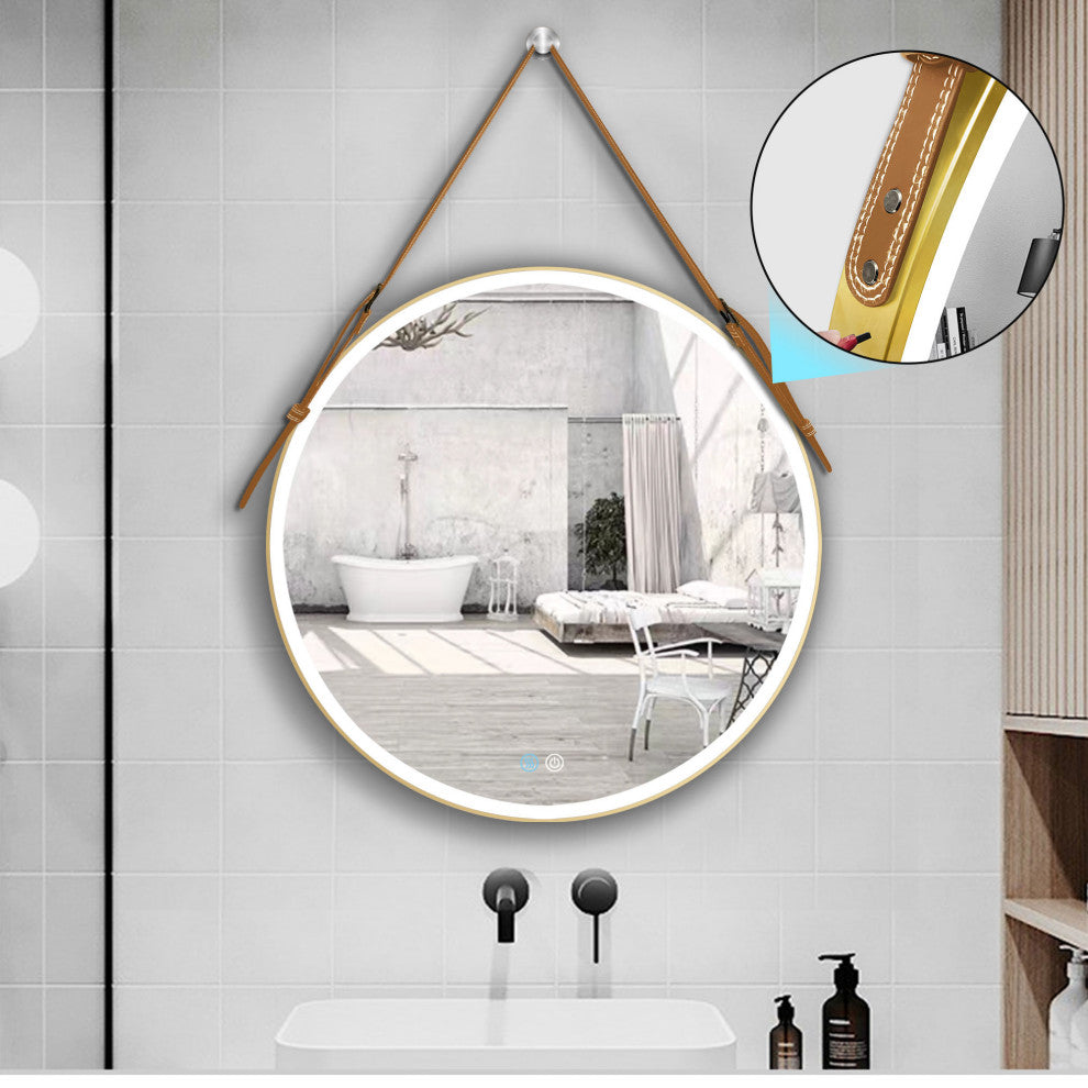 Round Framed Anti-Fog Dimmable Rope Hanging LED Bathroom Vanity Mirror, Godl, 32"32"